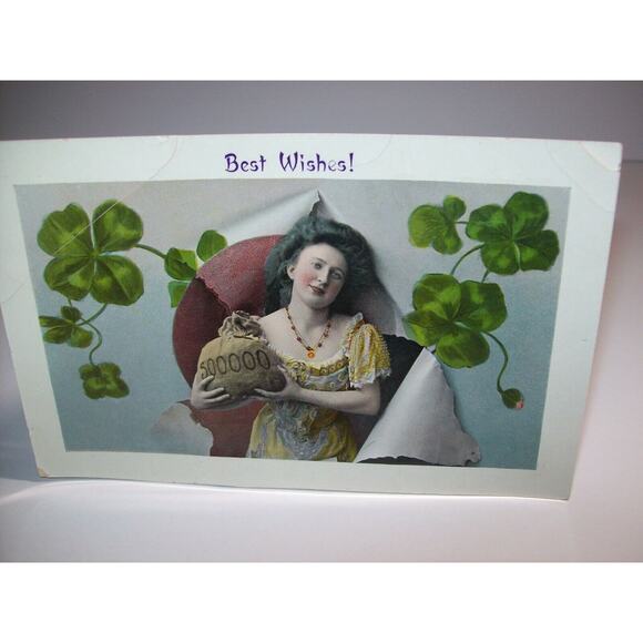 Saint Patrick's Day Postcard Women With Money Bag Original Unusual Gel Photo - Picture 1 of 5